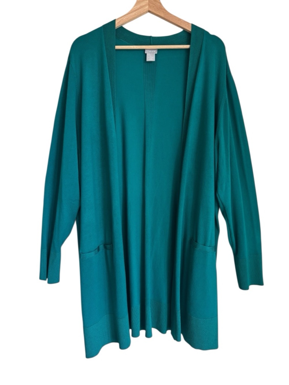 Chicos Cardigan Size 4 XXL Teal Open Front Rayon Blend Knit Pockets